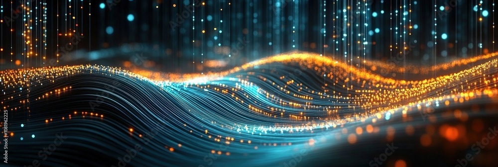 Poster glowing waves of light with colorful particles creating a dynamic and mesmerizing background for dig