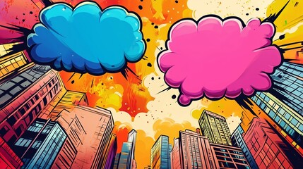 A vibrant cartoon scene with bold speech bubbles and a dynamic cityscape captures comic excitement.