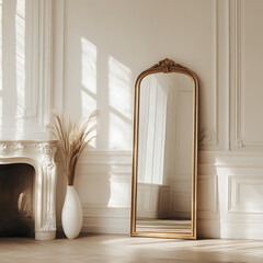 thin golden framed full length mirror stands elegantly against wall, reflecting soft natural light in stylish interior. decor features minimalist vase with dried plants, enhancing serene atmosphere