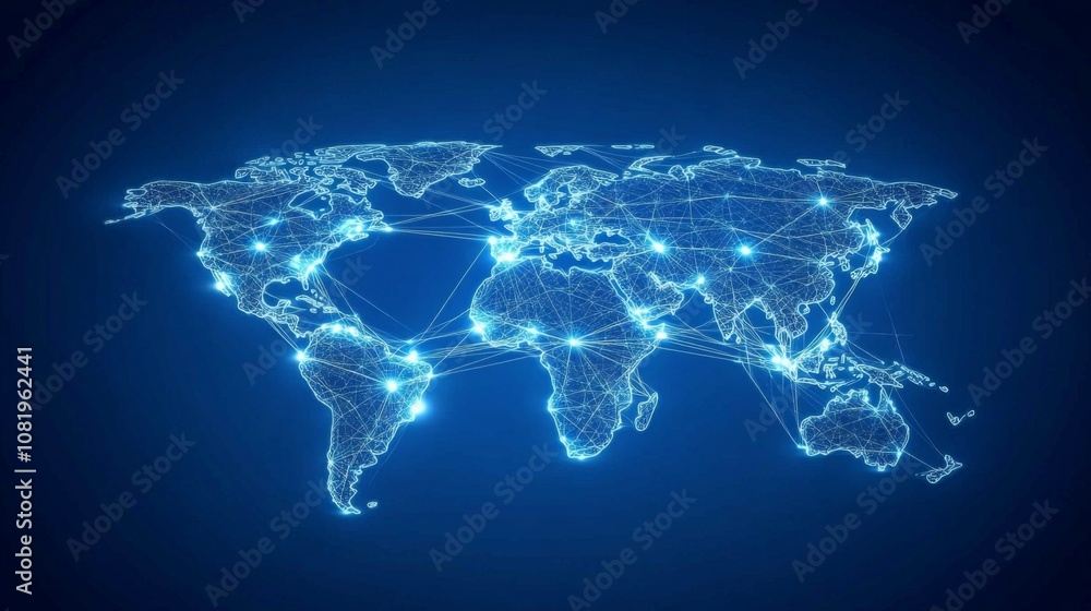 Poster digital world map illustration depicting global connectivity through neon lines and nodes representi