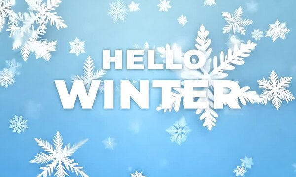 Hello winter greeting with large white text on a blue background adorned with snowflakes, welcoming the season