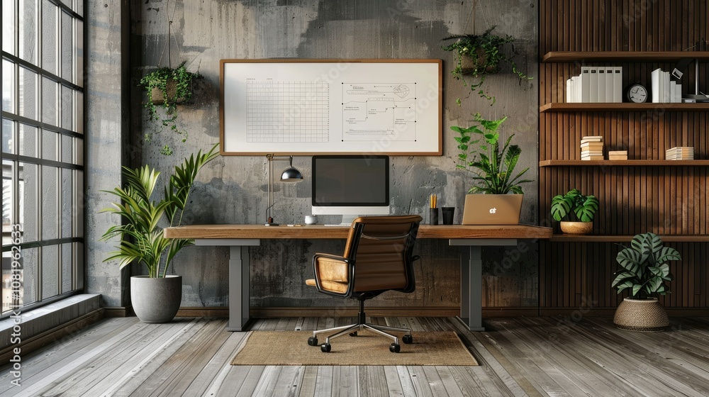 Poster Modern workspace with minimalistic design and digital boards