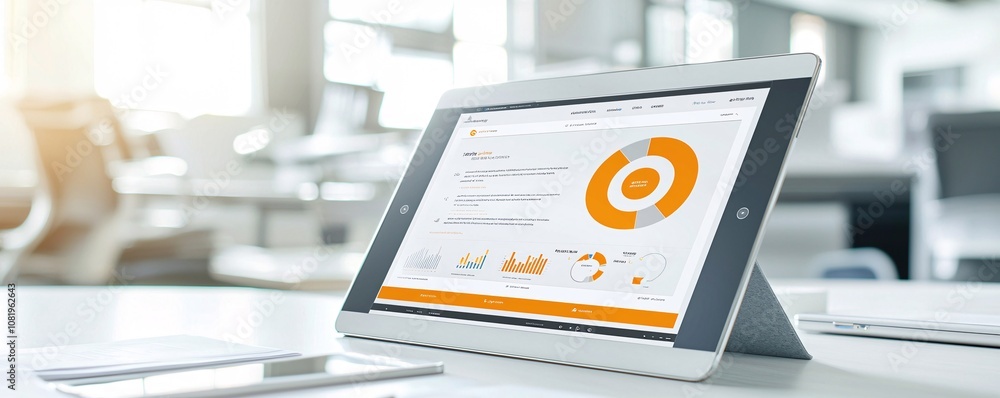 Poster interactive advertising mockup with a tablet screen showing a modern app interface in a professional