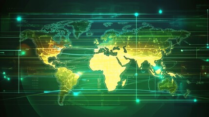 Fototapeta premium Futuristic Digital World Map with Bright Green Highlights and Technology Elements Representing Global Connectivity and Data Flow Across Continents
