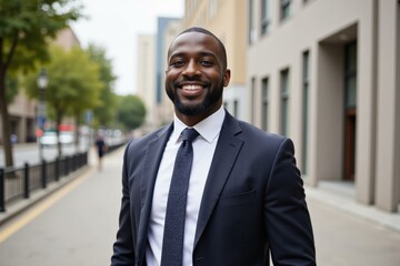 Naklejka premium Professional Businessman in Dark Suit Smiling Confidently on Urban Street, Perfect for Corporate Marketing or Inspirational Content