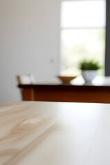 kitchen table background, wood counter top on blur of white clean abstract home interior with bokeh. used for display or montage your wooden for dining background. table banner