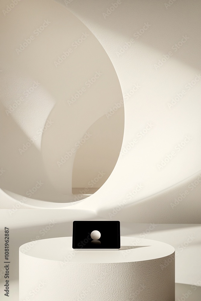 Poster minimalistic product mockup with a tablet displaying an interactive portfolio, set in a modern envir
