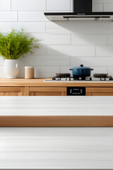 kitchen table background, wood counter top on blur of white clean abstract home interior with bokeh. used for display or montage your wooden for dining background. table banner