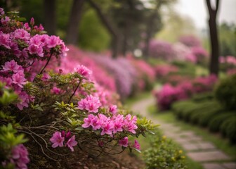 Fototapeta premium Tilt-Shift Photography of Blooming Magenta Flowers in a Vibrant Garden, Capturing Nature's Beauty with a Miniature Effect for Stunning Visual Appeal