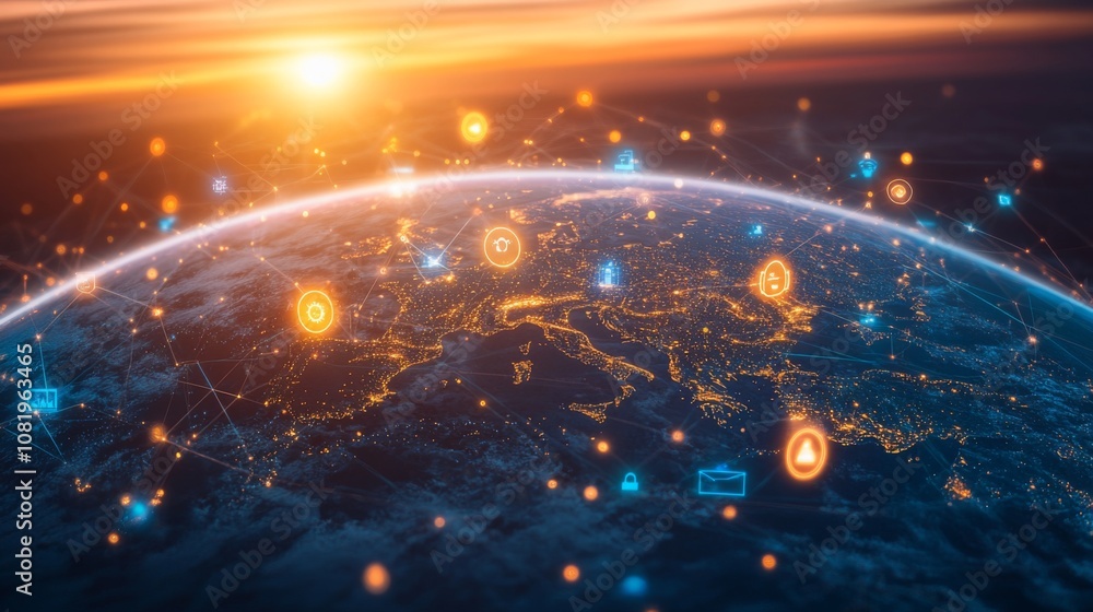 Poster aerial view of europe at night with digital network connections and glowing icons representing techn