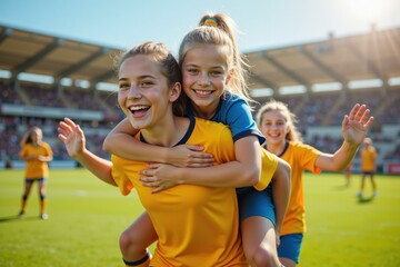 Obraz premium Celebrating Soccer Victory: Joyful Female Athletes in Action on the Field, Perfect for Sports Merchandise and Motivational Posters