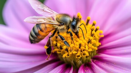 Honeybee Gathering Pollen from a Pink Flower
