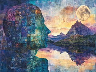 A vibrant silhouette blending nature and artistry, showcasing a landscape reflected in serene water under a luminous moon.