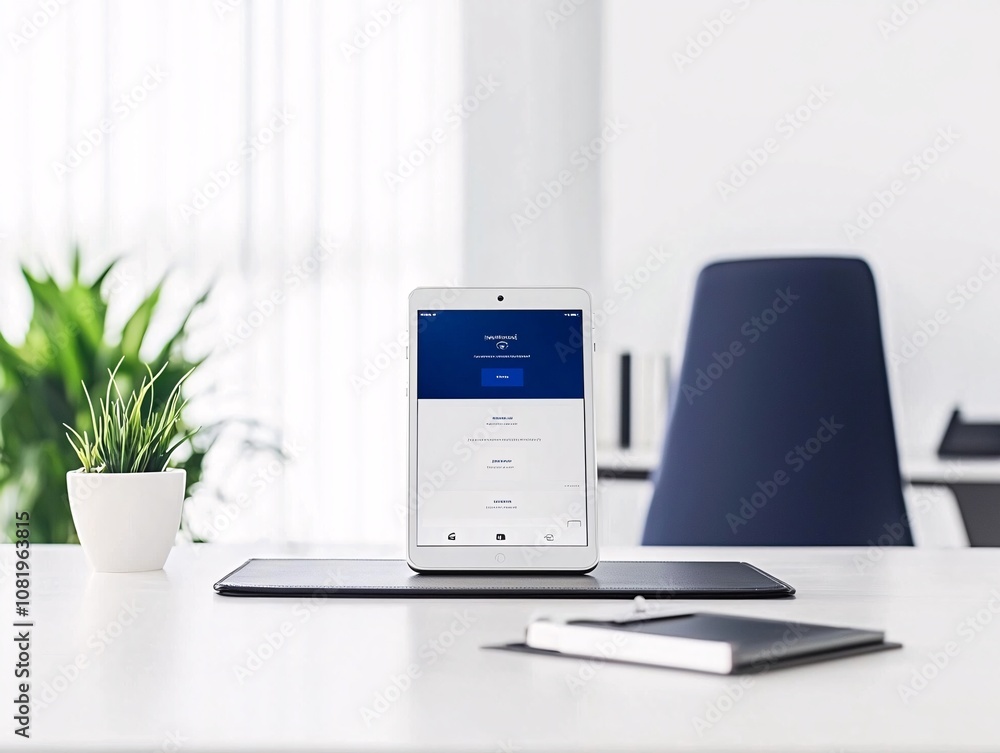 Poster advertising mockup featuring a tablet displaying a sleek app interface in a professional setting wit