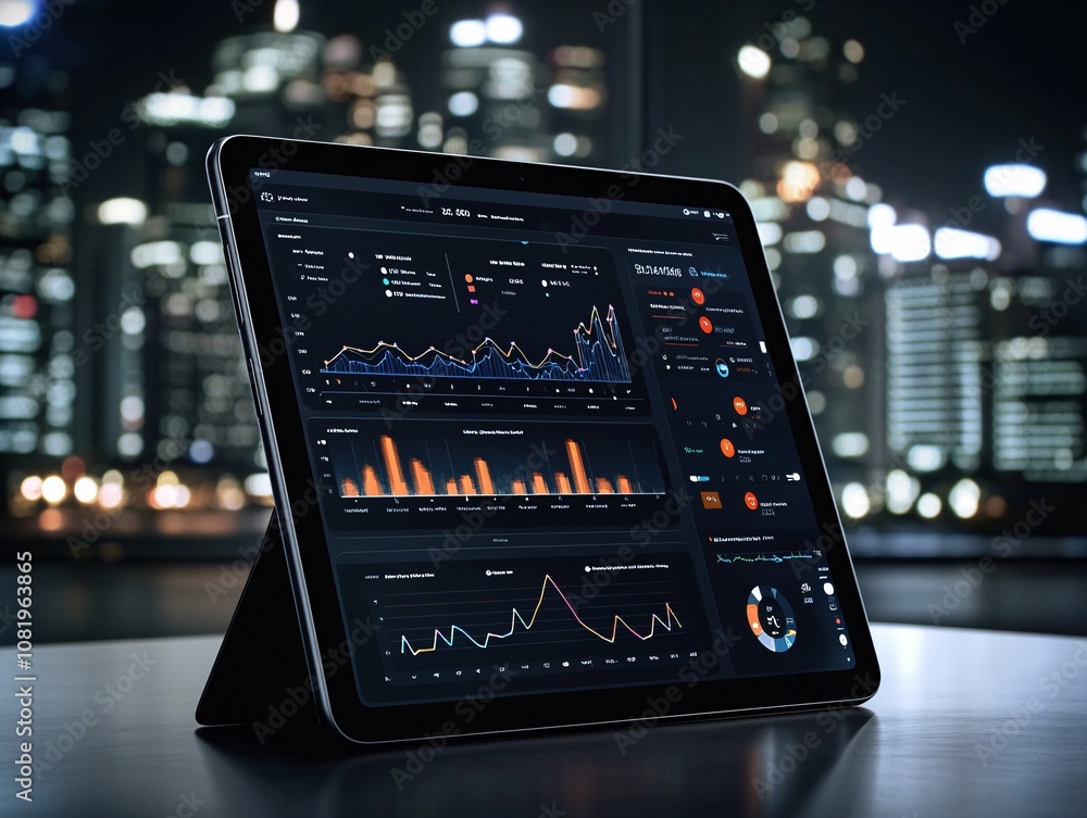 Poster advertising mockup featuring a tablet displaying a sleek app interface in a professional setting wit