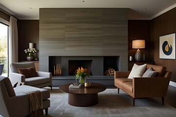 A contemporary living area featuring a fireplace and furnishings from the mid-century in shades of brown and grey