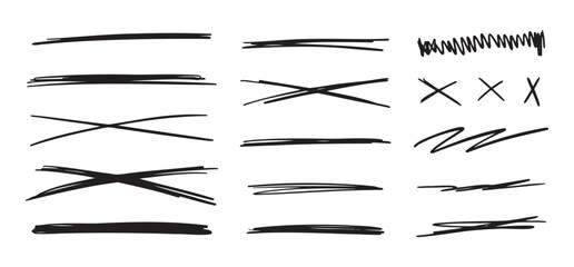Scribble doodle underlines set. Underline and cross markers collection. Doodle lines isolated on white background.