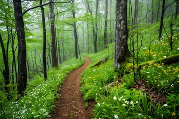 Tranquil Forest Pathway Surrounded By Lush Greenery And Wildflowers

