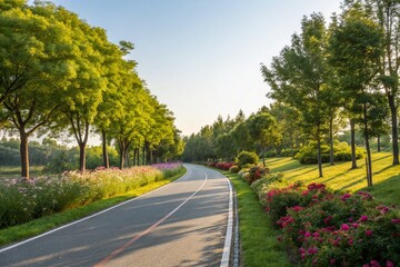 Tranquil Bicycle Lane in a Park Surrounded by Lush Greenery and Trees, Perfect for Cycling Enthusiasts Seeking a Scenic Outdoor Experience and Relaxation