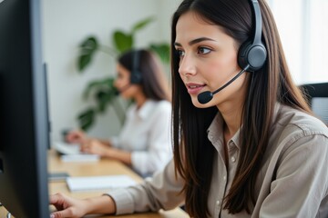 Professional Customer Support Representative Using Headset at Workstation, Engaged in Online Communication, Ideal for Business and Marketing Materials