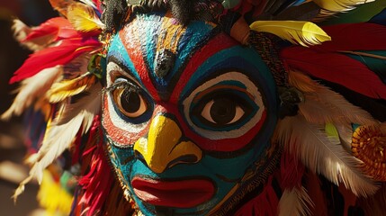 Vibrant Cultural Mask with Colorful Feathers and Detailing