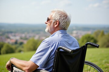 Elderly Man in Wheelchair Gazing at Scenic Landscape, Perfect for Inspirational and Motivational Content