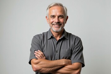 Confident Mature Man Smiling Grey Shirt Portrait Business Professional Happy Positive Attitude
