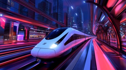 Fototapeta premium Futuristic High-Speed Train Traveling Through Neon Cityscape with Skyscrapers and Vibrant Lights at Dusk, Showcasing Advanced Technology and Modern Transportation Design