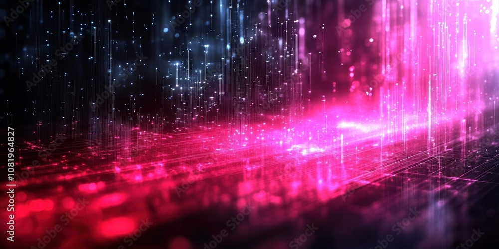Poster abstract digital background with colorful light beams and glittering particles creating a futuristic