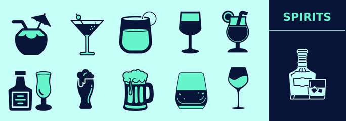 Cocktail SOLID icon set for logo, marketing, digital work. Cocktails, whiskey, wine, glass, margarita, coconut cocktail, mojito, martini, beer, and others. Editable elements, size and color.