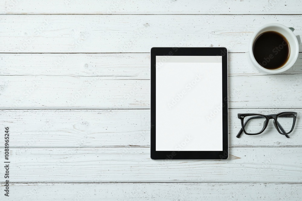 Poster high-resolution mockup featuring a tablet displaying a digital portfolio with ample copy space