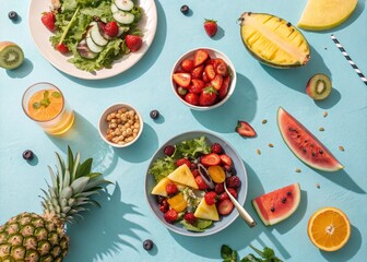 Trendy Summer Food Arrangement on Bright Blue Background Featuring Fresh Fruits, Salads, and Refreshing Drinks in a Minimalist Aesthetic for a Vibrant Seasonal Vibe
