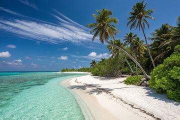 Tropical Bliss: Captivating Landscape of White Sands and Turquoise Waters in the Maldives Showcasing Idyllic Serenity and Natural Beauty for Travel Enthusiasts and Dreamers