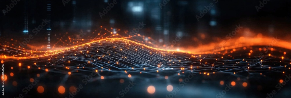 Poster abstract representation of digital landscape with glowing nodes and flowing lines showcasing technol