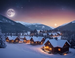 Fototapeta premium Charming winter cabins illuminated by moonlight in a serene mountain landscape at night, Christmas