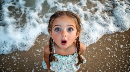 Obraz premium Young Girl Expressing Surprise at the Beach with Waves Crashing Around Her, Capturing the Joy and Wonder of Childhood Moments in Nature