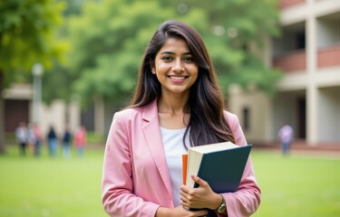 Fototapeta premium Confident Young Woman in Pink Blazer Holding Books on College Campus, Perfect for Education and Inspirational Themes