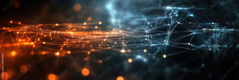 Poster digital abstract background with flowing lines and glowing dots creating a futuristic and technologi