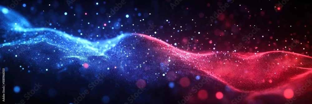 Poster abstract colorful waves with sparkling particles in blue and red against dark background ideal for c