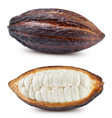 Cocoa pod, fresh cocoa fruit with clipping path. Cocoa beans isolated on white background