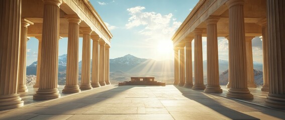 Ancient Greek Temple with Sunlight Through Pillars and Mountains in the Background