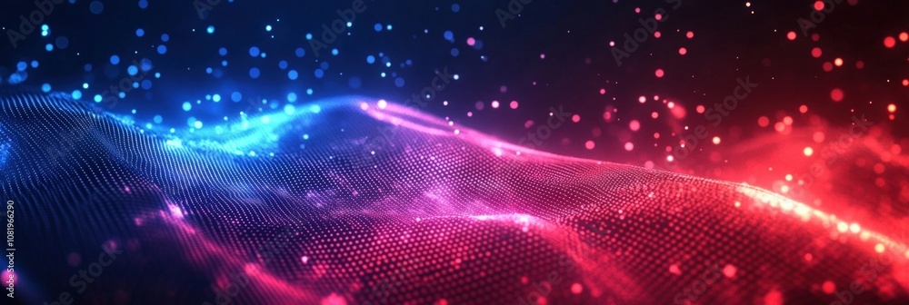Aufkleber abstract digital background with colorful glowing particles and waves in blue and red illuminating a