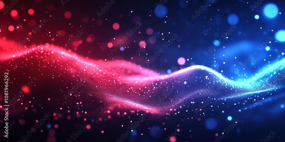 Poster vibrant abstract waves in red and blue colors with sparkling particles against a dark background for