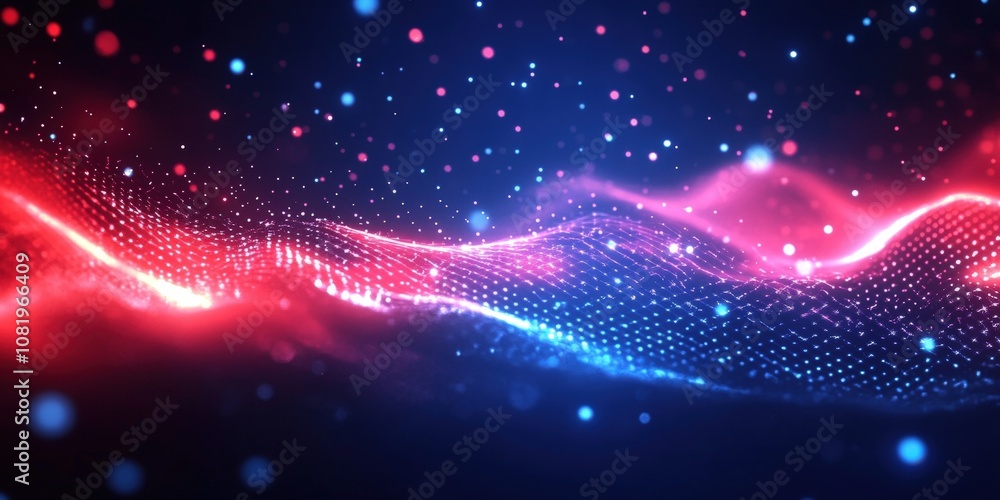 Poster abstract digital background featuring vibrant waves of blue and red light particles illuminating a d