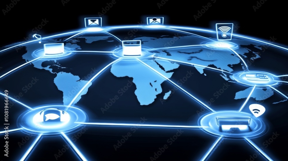Aufkleber Global Connections and Network Interactions on Earth with Digital Icons Representing Communication, Data Sharing, and Technology Innovations