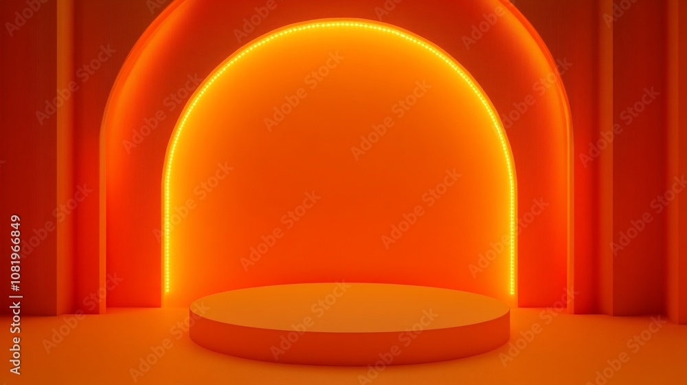 Poster orange minimalist product display background with archway and glow.