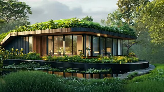 Urban house equipped with a green roof, smart technology illustrating how city dwellers are preparing their homes for future climate changes	

