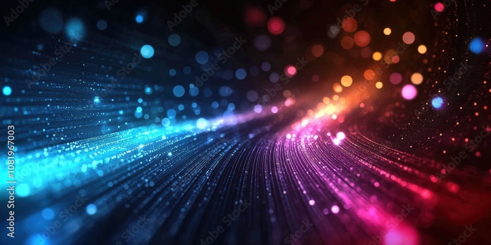 Poster vibrant abstract background with colorful bokeh lights and glowing particles creating a dynamic flow