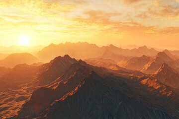 Naklejka premium breathtaking, high-detail image of a mountain range with a warm sunrise casting golden hues across the landscape, ideal for nature and travel themes. 