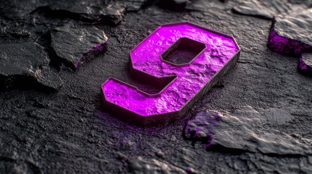 Purple Glowing Neon Sign Number Nine on Dark, Grunge Rock Texture Background., 3D Render